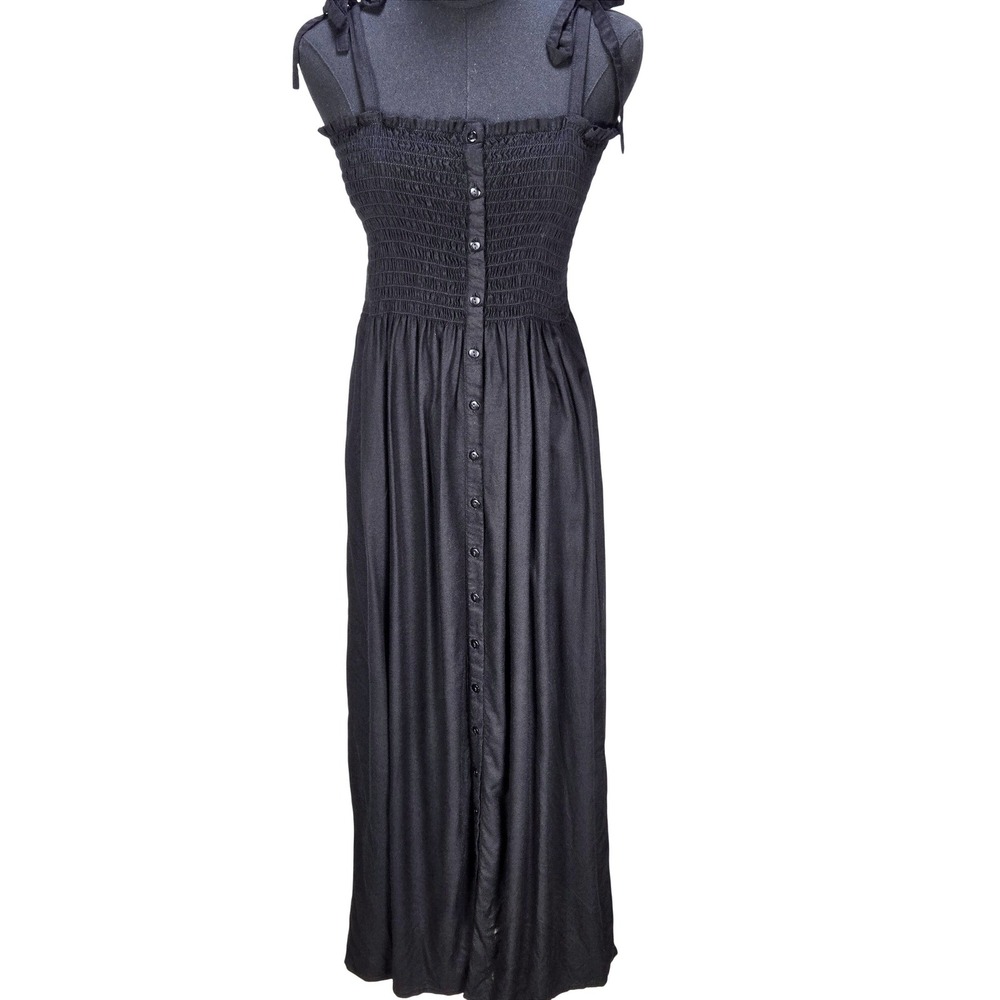 Women's Emerson Fry Small Santiago Maxi Dress Black Smocked Button Front